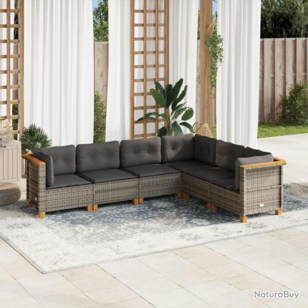 Salon de jardin 6 pcs avec coussins gris rsine tresse