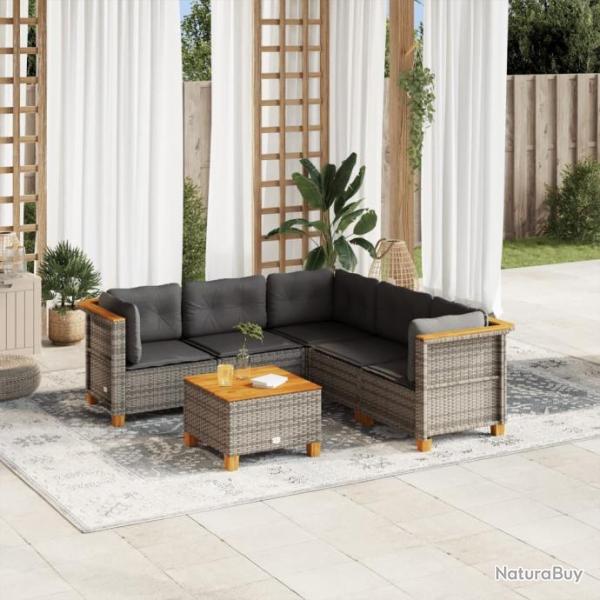 Salon de jardin 6 pcs avec coussins gris rsine tresse