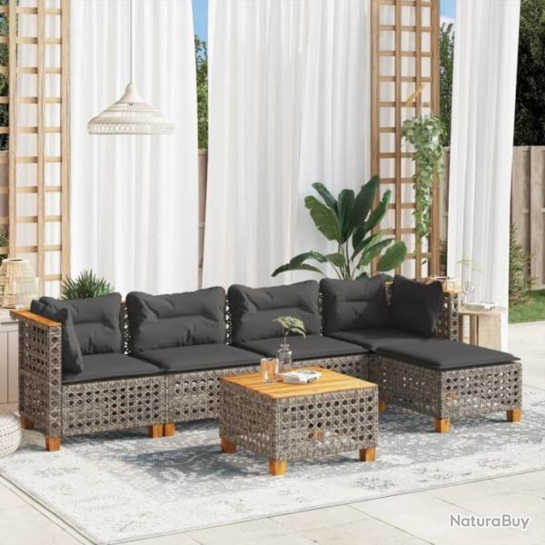 Salon de jardin 6 pcs avec coussins gris rsine tresse