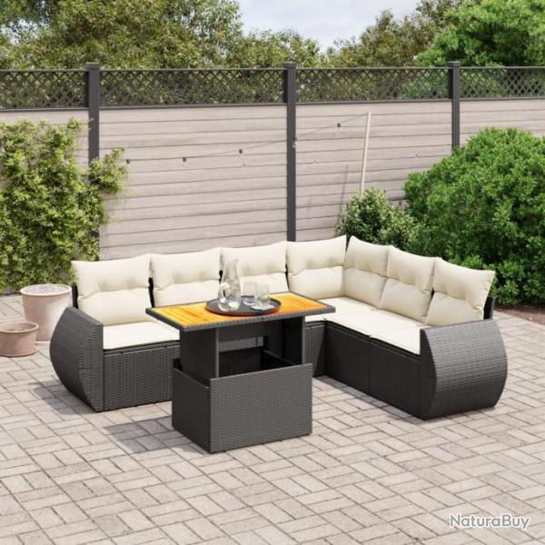 Salon de jardin 7 pcs avec coussins noir rsine tresse