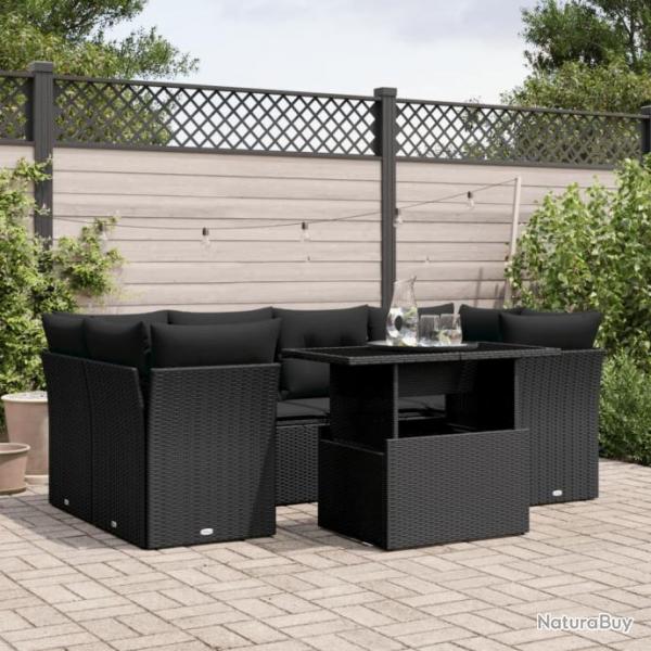 Salon de jardin 7 pcs avec coussins noir rsine tresse