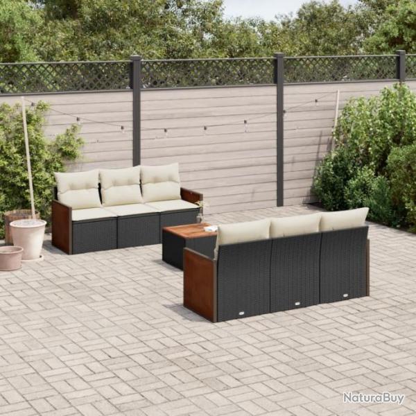 Salon de jardin 7 pcs avec coussins noir rsine tresse