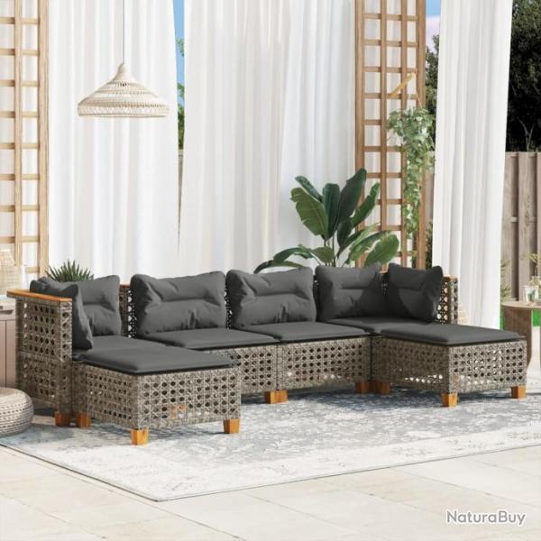 Salon de jardin 6 pcs avec coussins gris rsine tresse