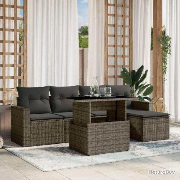 Salon de jardin 6 pcs avec coussins gris rsine tresse