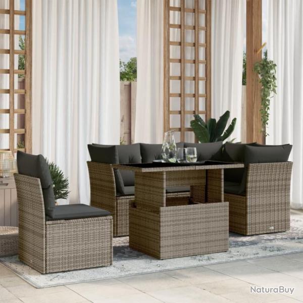 Salon de jardin 6 pcs avec coussins gris rsine tresse