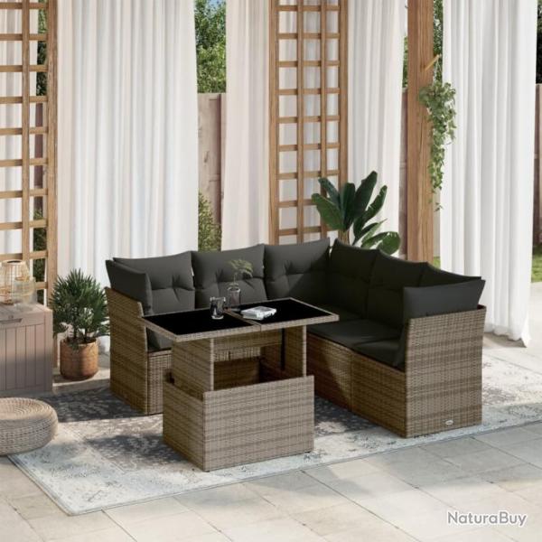 Salon de jardin 6 pcs avec coussins gris rsine tresse