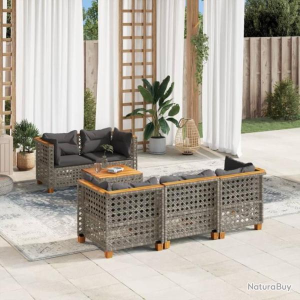 Salon de jardin 6 pcs avec coussins gris rsine tresse