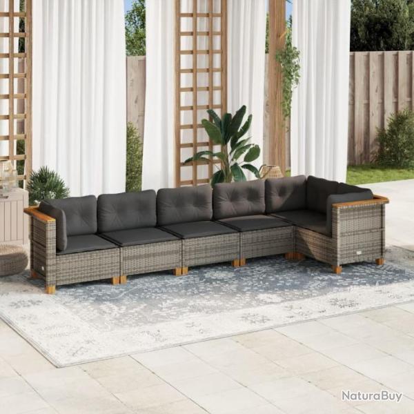 Salon de jardin 6 pcs avec coussins gris rsine tresse