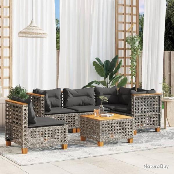 Salon de jardin 6 pcs avec coussins gris rsine tresse