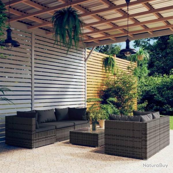 Salon de jardin 6 pcs avec coussins rsine tresse gris