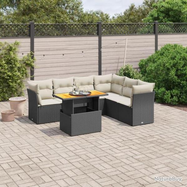 Salon de jardin 7 pcs avec coussins noir rsine tresse