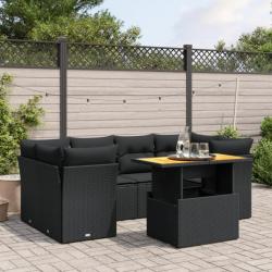 Salon de jardin 7 pcs avec coussins noir résine tressée