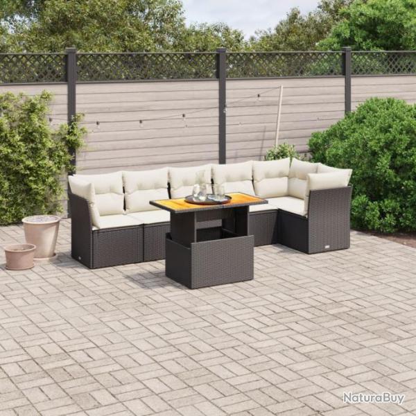 Salon de jardin 7 pcs avec coussins noir rsine tresse