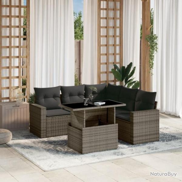 Salon de jardin 6 pcs avec coussins gris rsine tresse