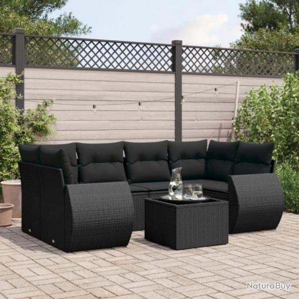 Salon de jardin 7 pcs avec coussins noir rsine tresse