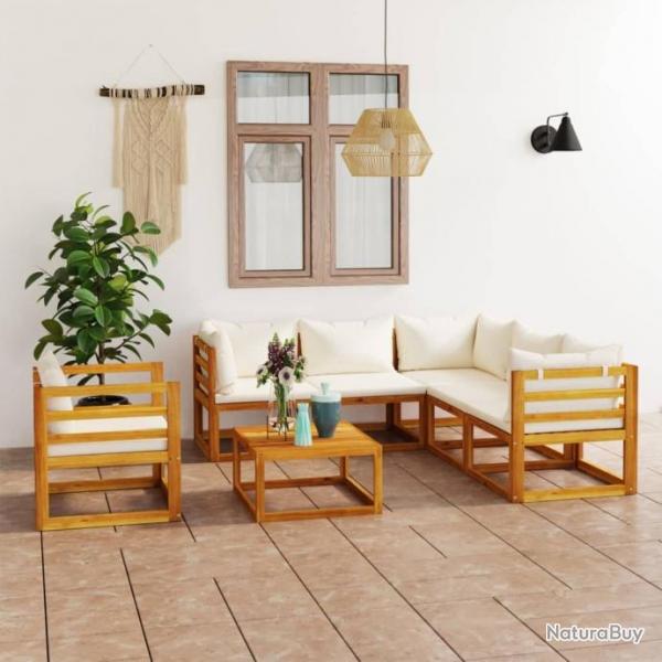 Salon de jardin 7 pcs avec coussin Crme Bois d'acacia solide