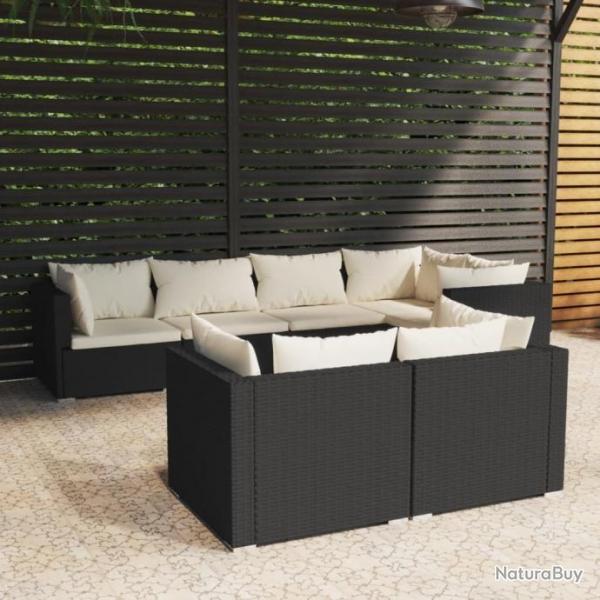 Salon de jardin 7 pcs avec coussins Noir Rsine tresse