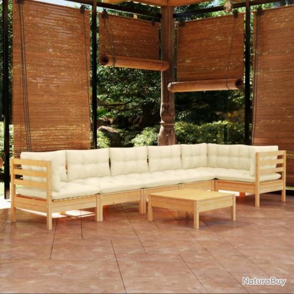 Salon de jardin 7 pcs avec coussins crme Bois de pin