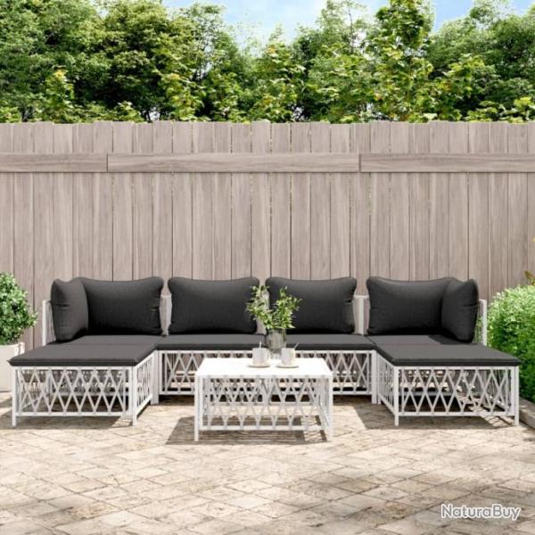 Salon de jardin 7 pcs avec coussins blanc acier