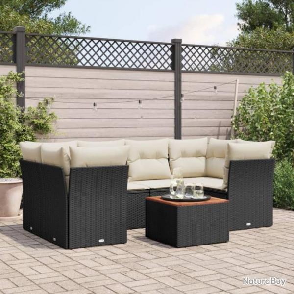 Salon de jardin 7 pcs avec coussins noir rsine tresse