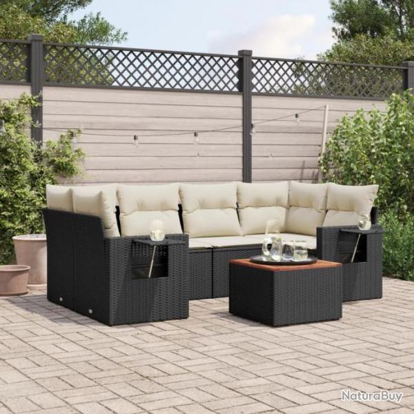 Salon de jardin 7 pcs avec coussins noir rsine tresse