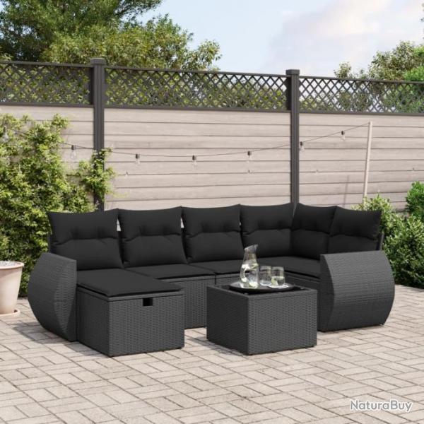 Salon de jardin 7 pcs avec coussins noir rsine tresse