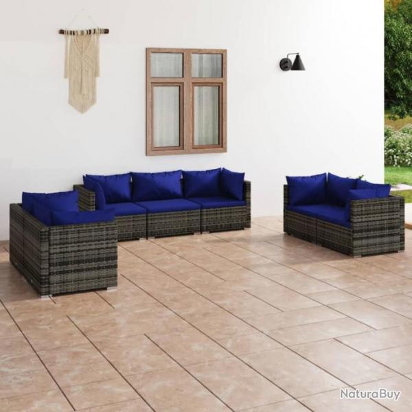 Salon de jardin 7 pcs avec coussins rsine tresse gris