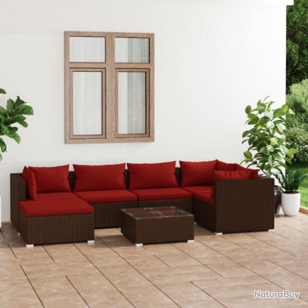 Salon de jardin 7 pcs avec coussins Rsine tresse Marron