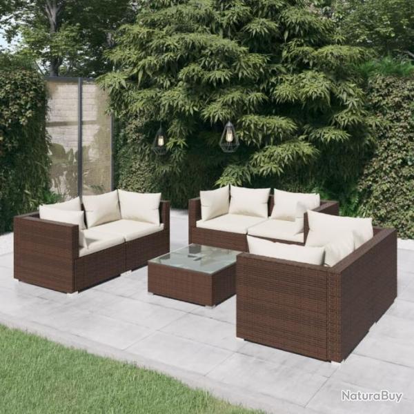 Salon de jardin 7 pcs avec coussins Rsine tresse Marron