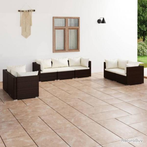 Salon de jardin 7 pcs avec coussins Rsine tresse Marron