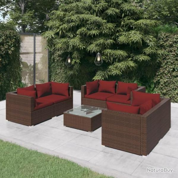 Salon de jardin 7 pcs avec coussins Rsine tresse Marron