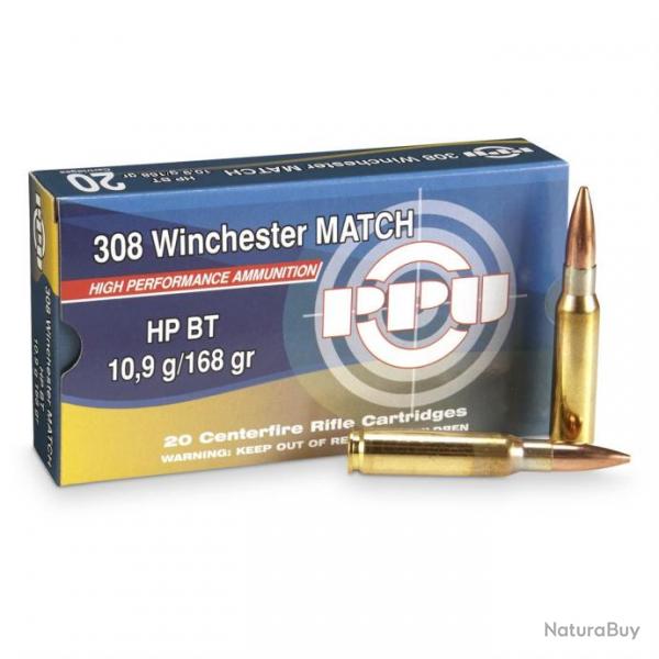 Cartouches PPU Calibre 308 WINCHESTER HPBT MATCH 168grs - Boite de 20 units