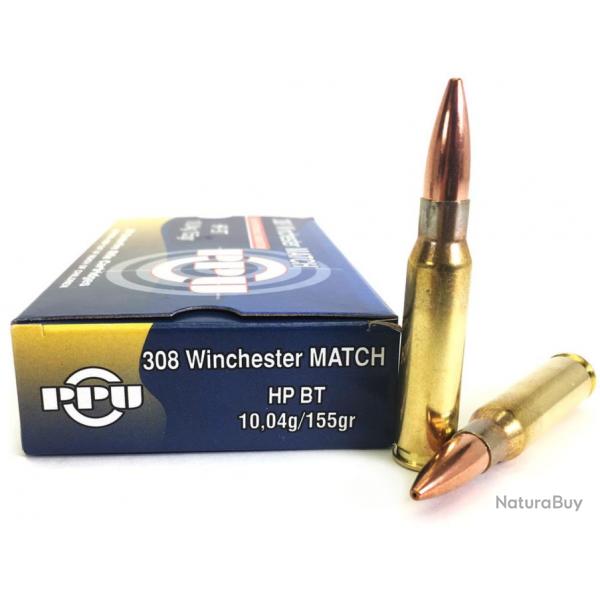 Cartouches PPU Calibre 308 WINCHESTER HPBT MATCH 155grs - Boite de 20 units