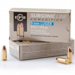 PPU Cartouches 9mm luger Subsonic FMJ 158grs - Boite de 50 unités