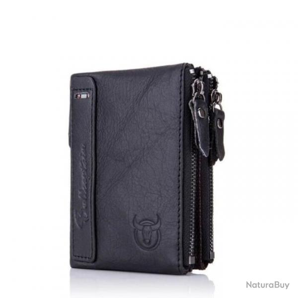 Portefeuille Cuir Homme Rtro Porte monnaie Cartes Monnaie Fermeture clair Noir