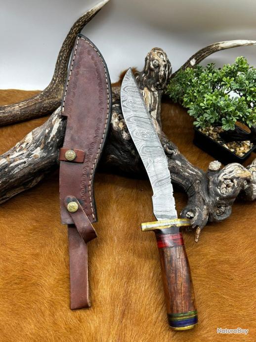 Couteau BOWIE Classic Lame Acier Damas 256 Couches Manche Bois Etui Cuir Western Fabric Artisanale