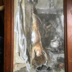 dessin aquarelle nature morte au lièvre devan la cheminée cadre pitchpin
