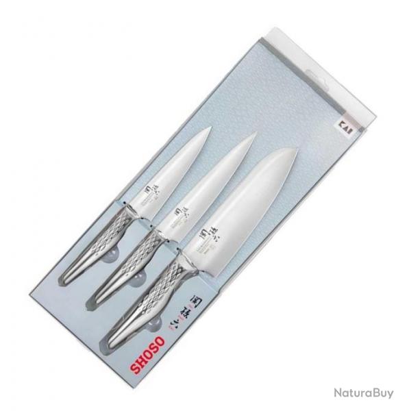 Coffret 3 couteaux "Shoso" office/universel/Santoku [Kai]