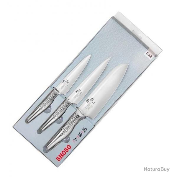 Coffret 3 couteaux "Shoso" office/universel/Santoku [Kai]