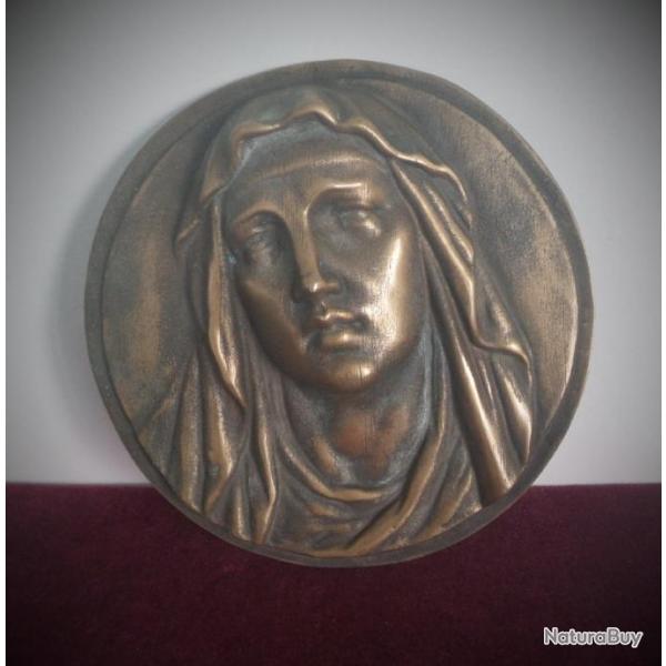 Superbe bas-relief en bronze dor-Mdaille en bronze-Vierge Marie-Virgin Mary