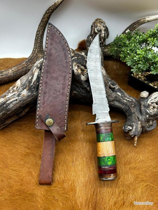 Couteau Bowie Damas Fait Main – 14 Pouces, Manche En Os, Gaine Incluse – Chasse Survie