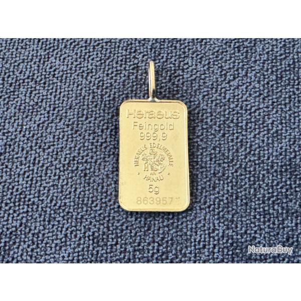 Lingot suisse or 24 carats 5 g mont en pendentif - numrot avec le scell d'origine