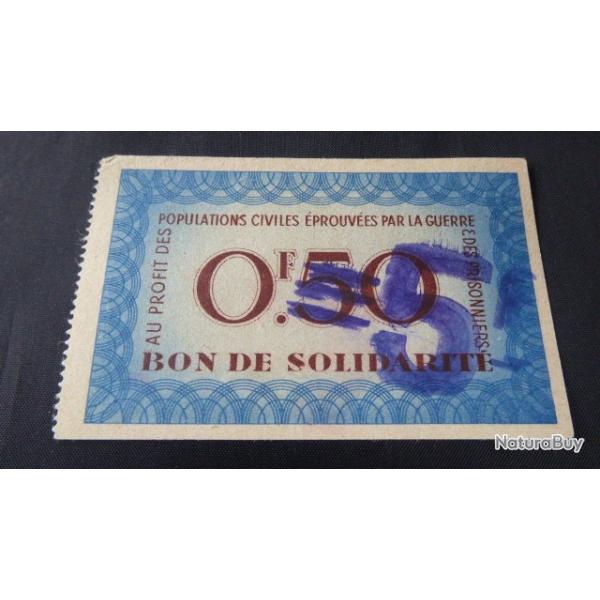 BON DE SOLIDARITE 0.50 F PETAIN  SURCHARGE 5 F  ENTRAIDE AUX PRISONNIERS DE GUERRE