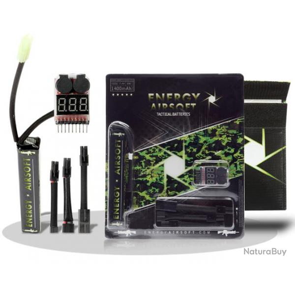 PACK3 Batterie Li-Po Energy Stick 7.4V 1400 mAh-20C + testeur + Sac antifeu