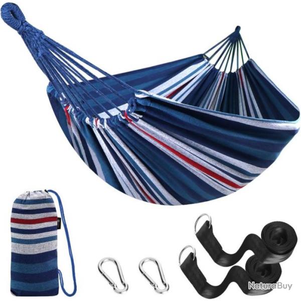 Hamac pour camping, bivouac jardin Charge 300 kg avec Sangles et Mousquetons Bleu-Rouge-Blanc