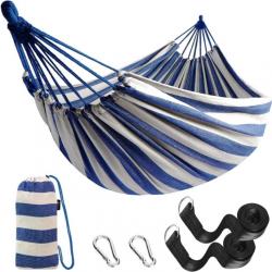 Hamac Bivouac Couche Coton Durable 300KG Jardin Extérieur 270x150cm Bleu/Blanc