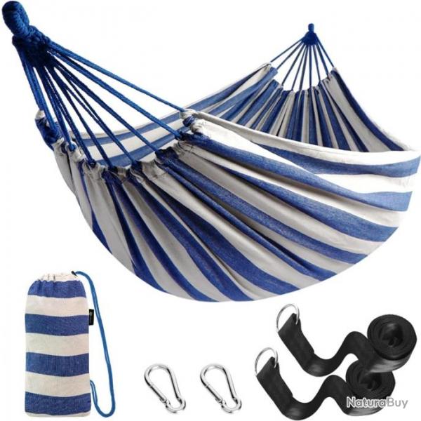 Hamac Bivouac Couche Coton Durable 300KG Jardin Extrieur 270x150cm Bleu/Blanc