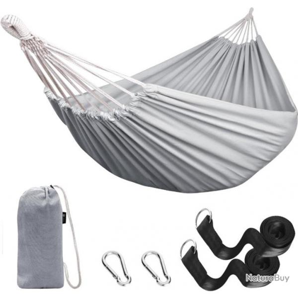 Hamac de Voyage 270x150cm Charge 300kg Coton Durable Bivouac Trekking Gris