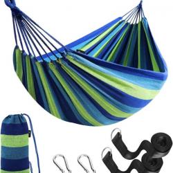 Hamac Portable 2 Personnes 270x150cm Coton Haute Résistance Charge 300 kg Lit pour Camping Vert