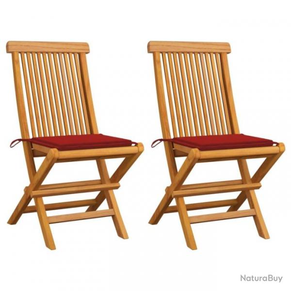 Chaises de jardin avec coussins rouge 2 pcs Bois de teck massif